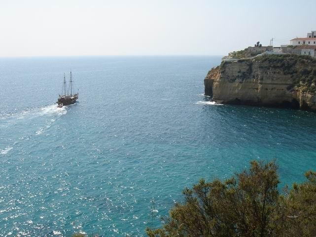 replica of 16th century portuguese caravel sailing near carvoeiro algarve