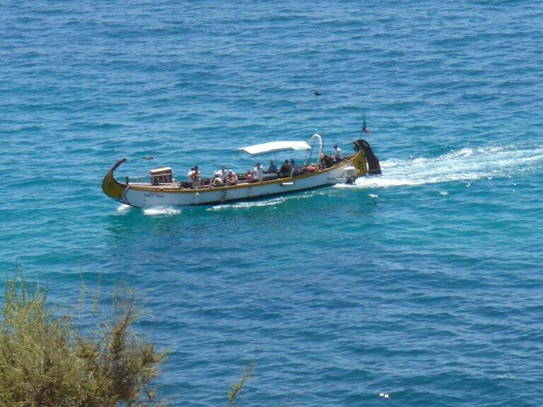 traditional aveiro boat passing along algarve coast near carvoeiro